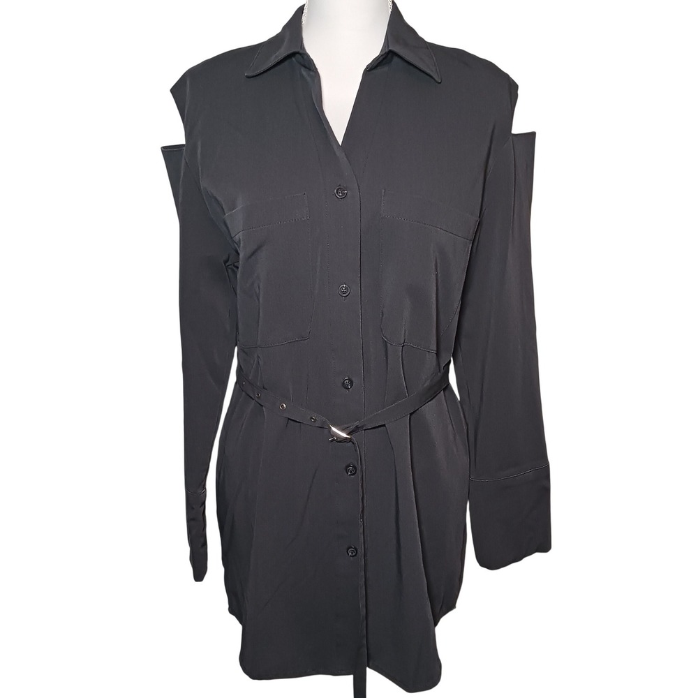 Crescent‎ XS Gray Cold Shoulder Shirt/Dress Long Sleeve Button Down Belted